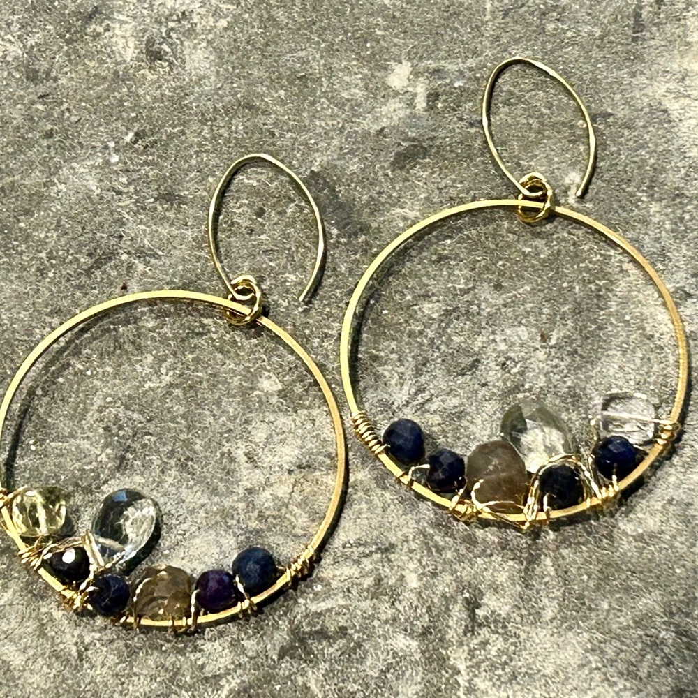 Tourmaline, citrine & rock quartz semiprecious stone, brass hoop earrings